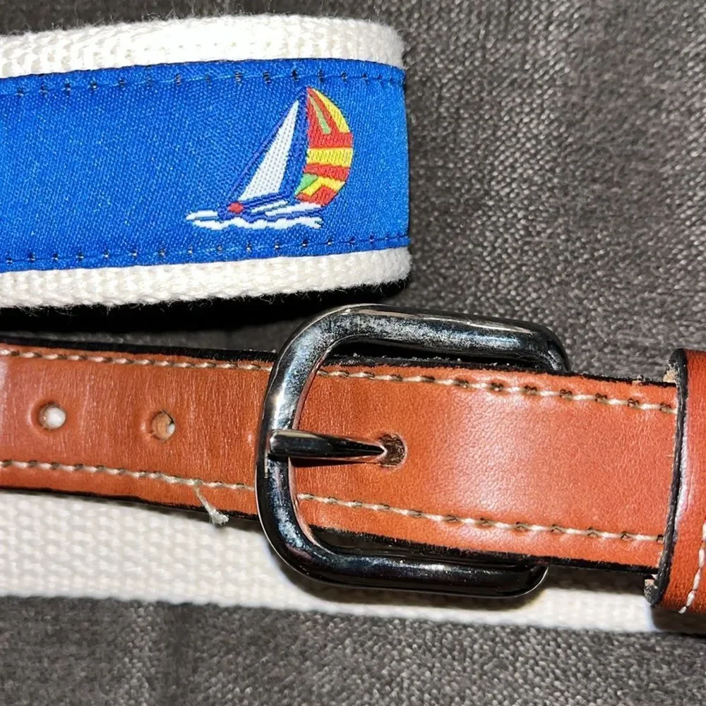 Blue & Creme Sailing Sailboat Regatta Leather Woven Fabric Casual Boat Belt 36
